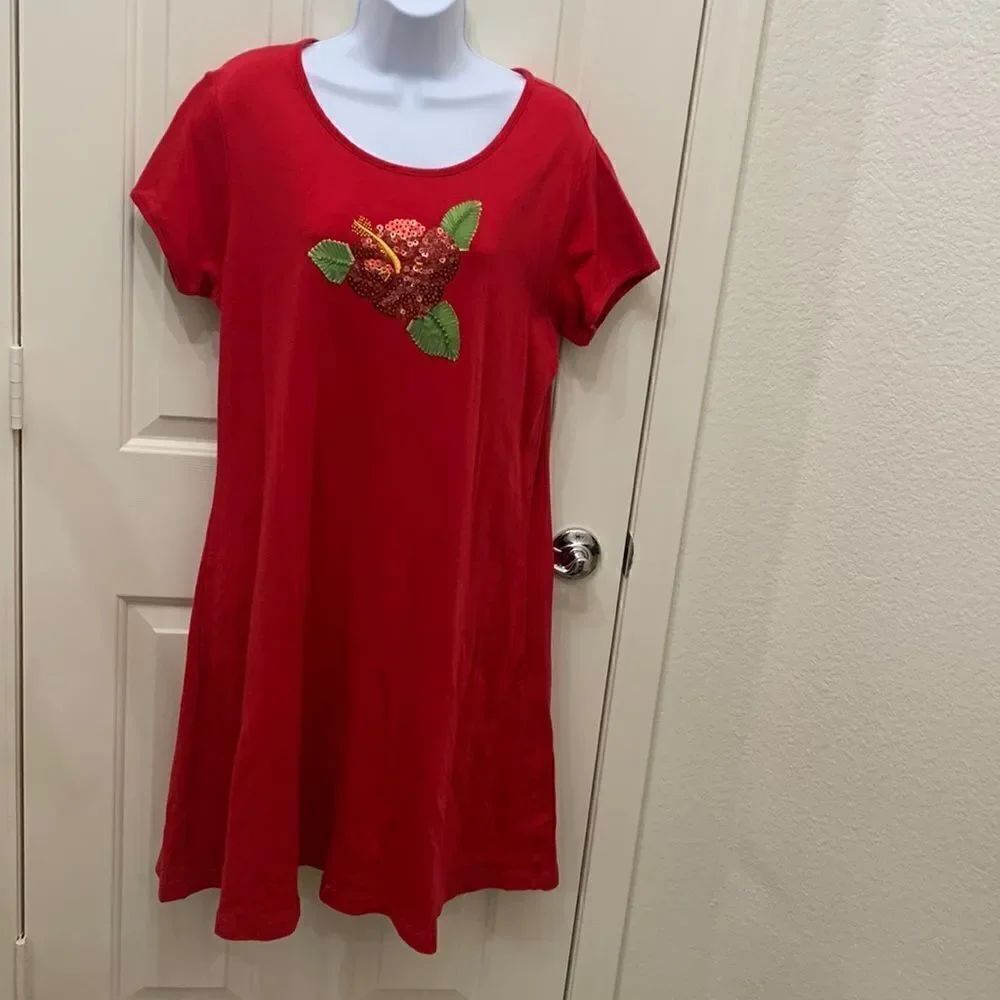 Bechamel Large 💯% Cotton Made Macau Red Sequin Strawberry Appliqué Leaves Midi